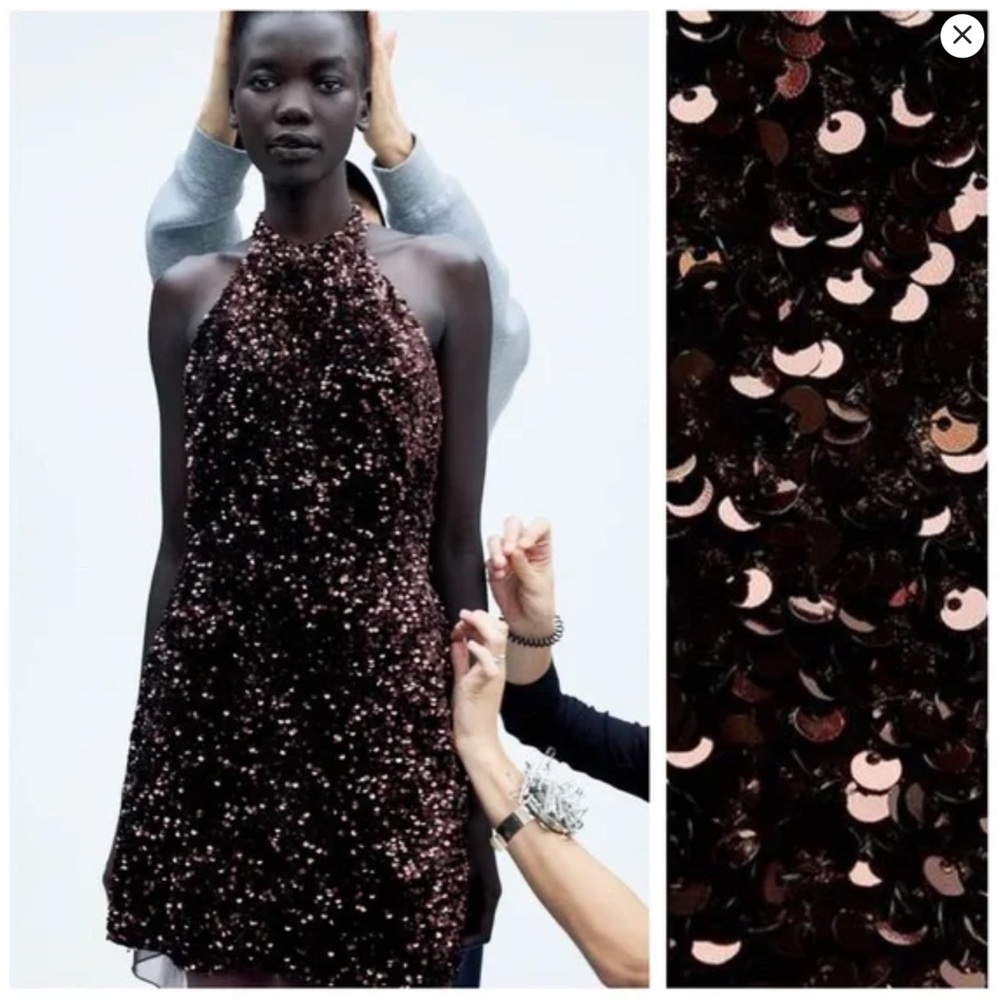 Zara Brown Sequined Halter Neck Mini Dress 🤎 Size S